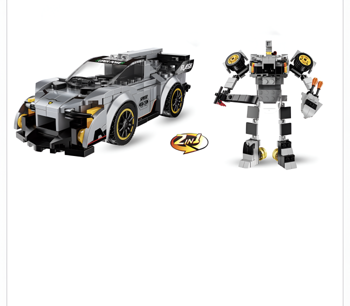 Set Construcție 2-în-1 Mașină de Curse Gri & Robot Transformabil – 280 Piese, City Flash, Pull-Back [2]