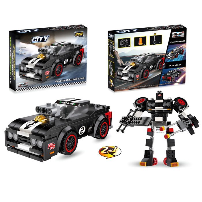 Set Construcție 2-în-1 Mașină de Curse Neagră & Robot Transformabil – 250 Piese, Muscle Car, Pull-Back [1]