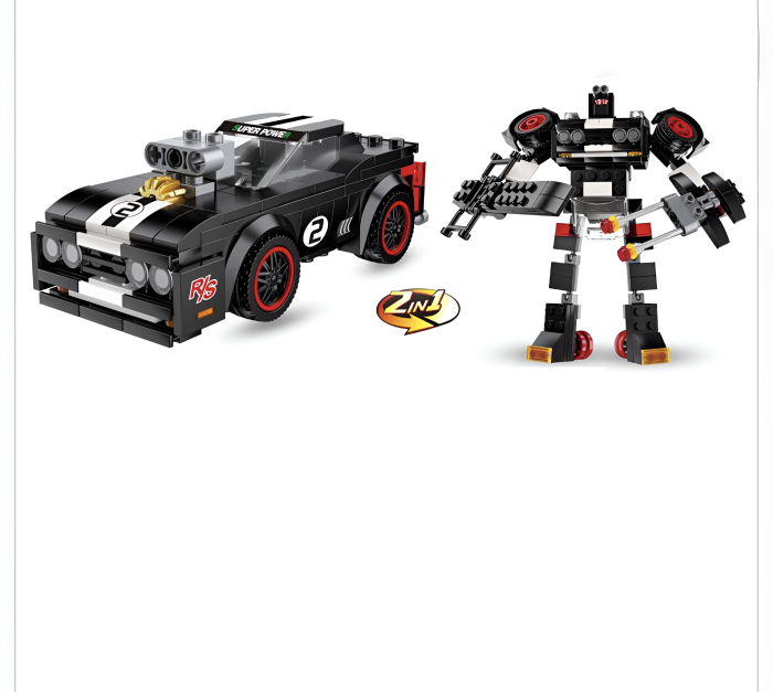 Set Construcție 2-în-1 Mașină de Curse Neagră & Robot Transformabil – 250 Piese, Muscle Car, Pull-Back [2]