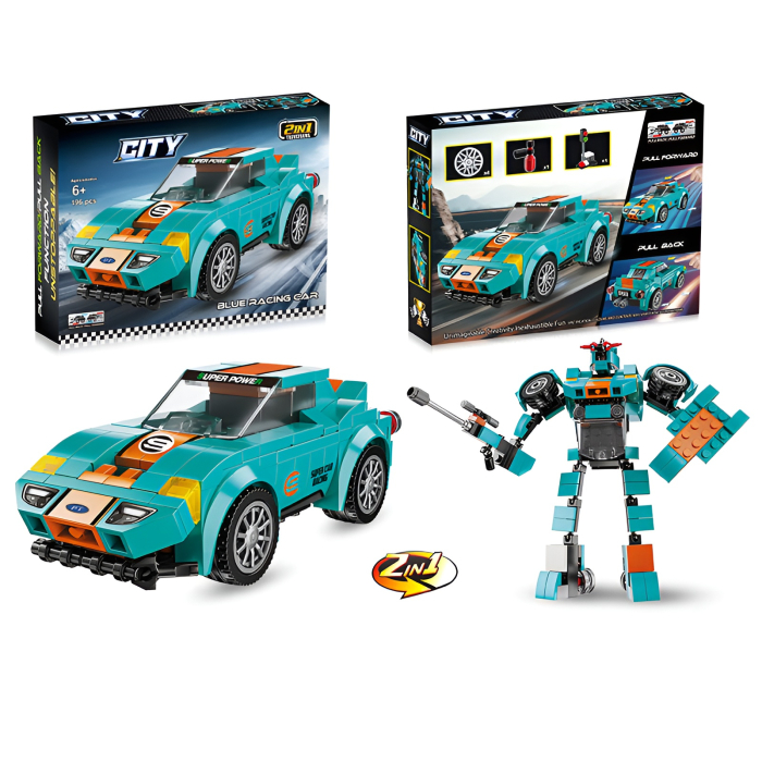 Set Construcție 2-în-1 Mașină de Curse & Robot Transformabil – 196 Piese, Model City, Pull-Back [1]