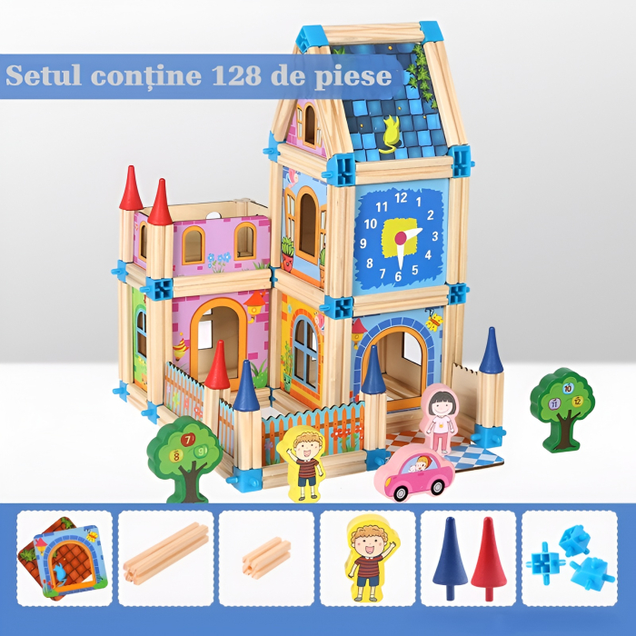 Set Construcție Castel din Lemn 128 Piese – Structuri 3D, Conectori, Personaje și Accesorii Educaționale [2]