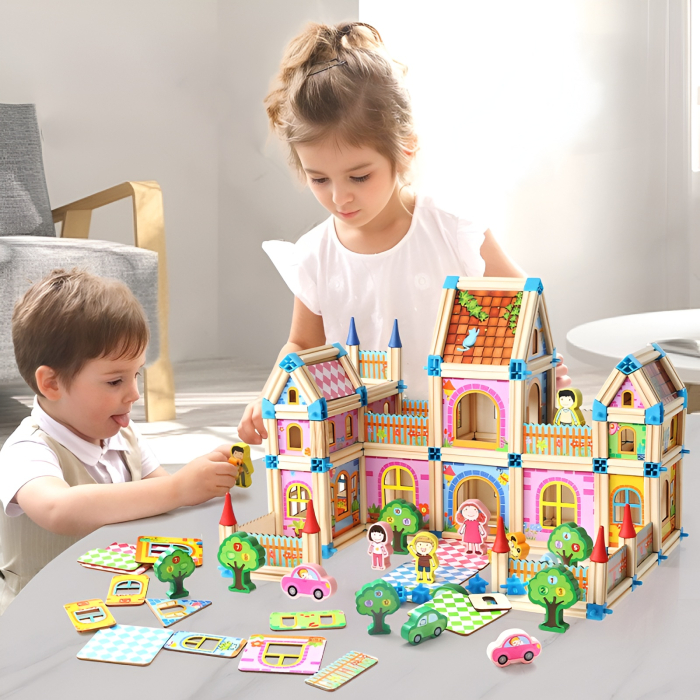 Set Construcție Castel din Lemn 128 Piese – Structuri 3D, Conectori, Personaje și Accesorii Educaționale [1]