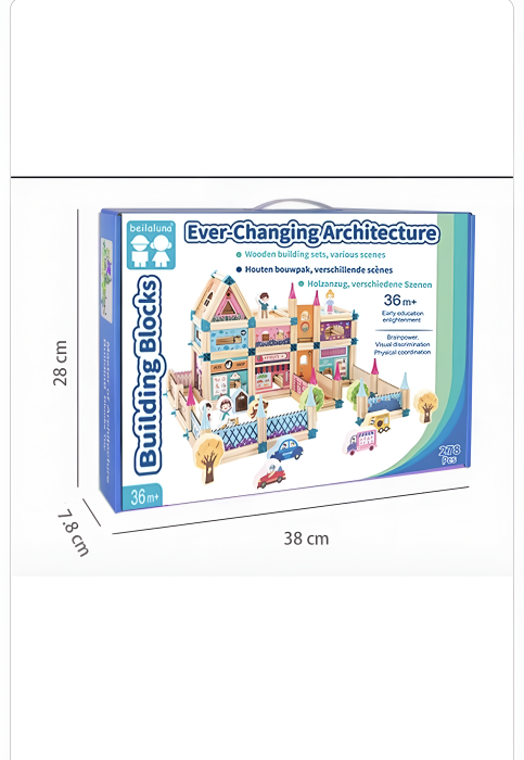 Set Construcție Oraș 278 Piese – Jucărie din Lemn cu Magazine, Personaje și Vehicule, Building Blocks 36+ [5]