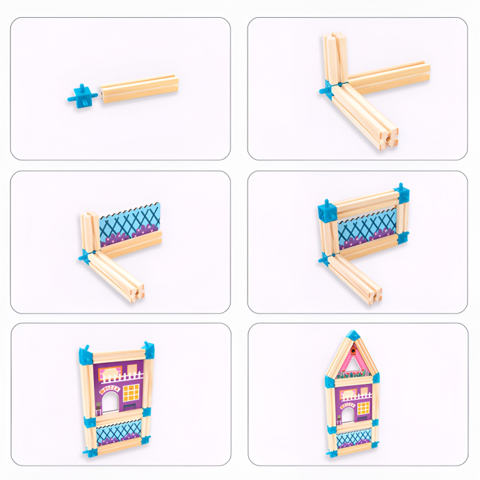 Set Construcție Oraș 278 Piese – Jucărie din Lemn cu Magazine, Personaje și Vehicule, Building Blocks 36+ [3]