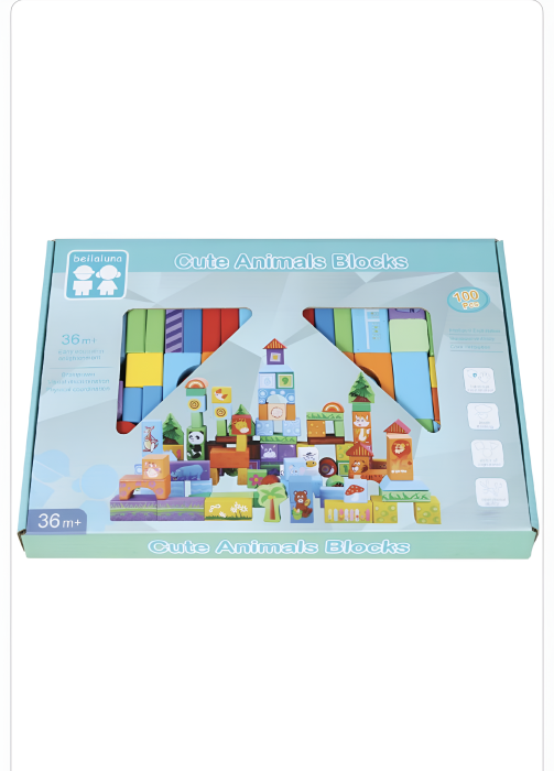 Set cuburi din lemn cu animale pentru copii – Joc educativ de construcție, 100 piese, 3+ ani [3]
