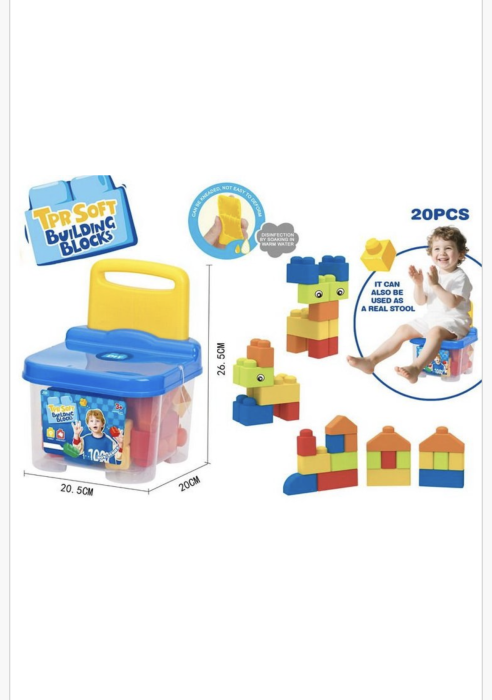 Set cuburi moi de construcție pentru copii – 20 piese colorate din TPR, cu cutie depozitare tip scăunel, jucărie educativă creativă 3+ ani, albastru [1]