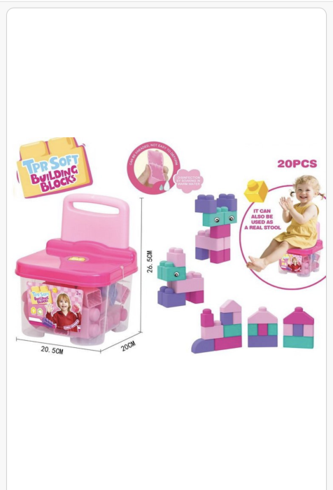 Set cuburi moi de construcție pentru copii – 20 piese colorate din TPR, cu cutie depozitare tip scăunel, jucărie educativă creativă 3+ ani, ROZ [1]