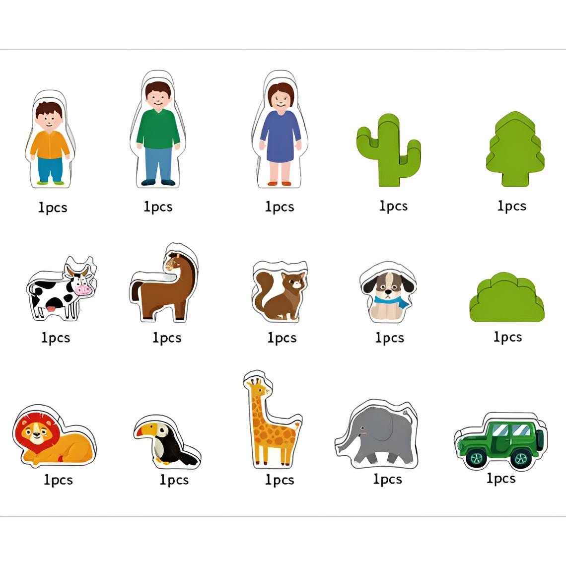 Set de constructie educativ din lemn, cu animale domestice si salbatice, persoane, masina, plante, 120 de piese, varsta 3+ ani [5]