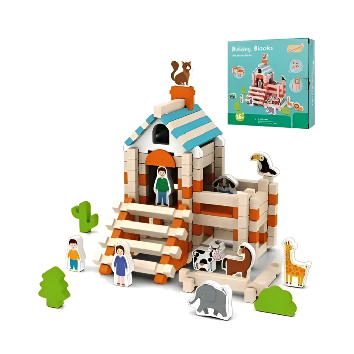 Set de constructie educativ din lemn, cu animale domestice si salbatice, persoane, masina, plante, 120 de piese, varsta 3+ ani [2]