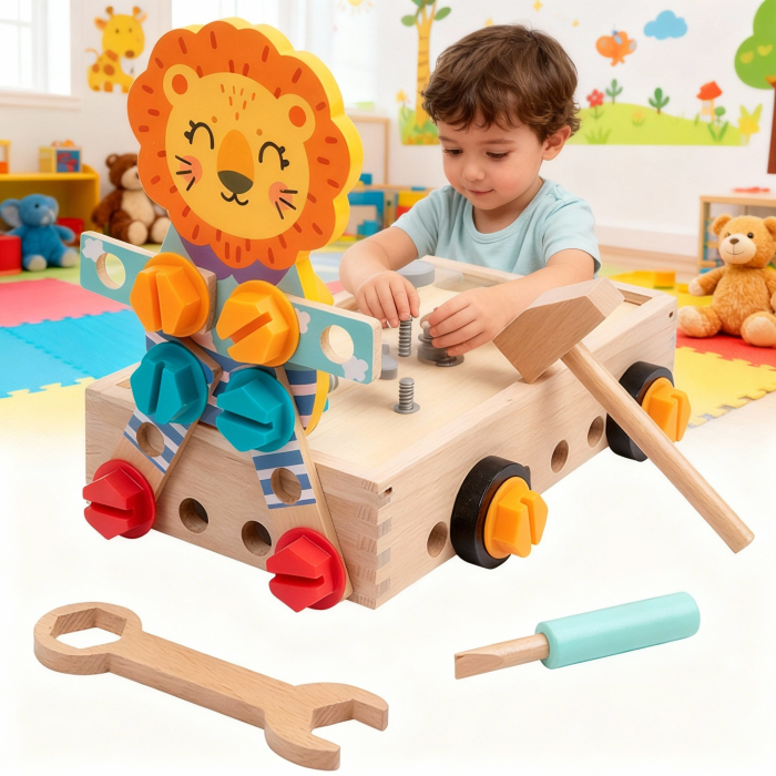 Set de Construcție și Bricolaj din Lemn pentru Copii – 44 Piese Colorate, Joc Educativ Montessori cu Șuruburi, Piulițe și Unelte, 3+ Ani [1]