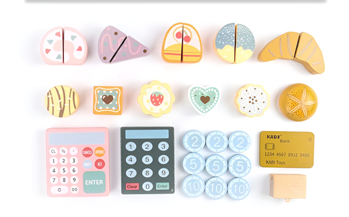 Set Jucărie din Lemn „Bake Shop” – Brutărie și Patiserie pentru Copii, 36+ piese, Produse de Patiserie, Calculator, Bani și Card – Joc Educativ Montessori [6]