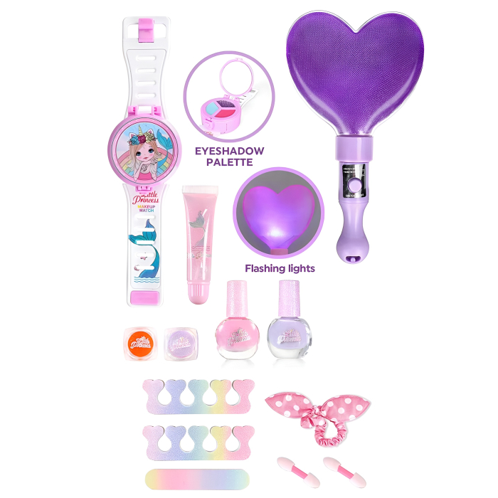 Set Machiaj Copii Little Princess – Total Glitter Makeup, Lacuri, Gloss, Paletă Ascunsă în Ceas, Lampă Heart cu Lumină, 5+ [2]