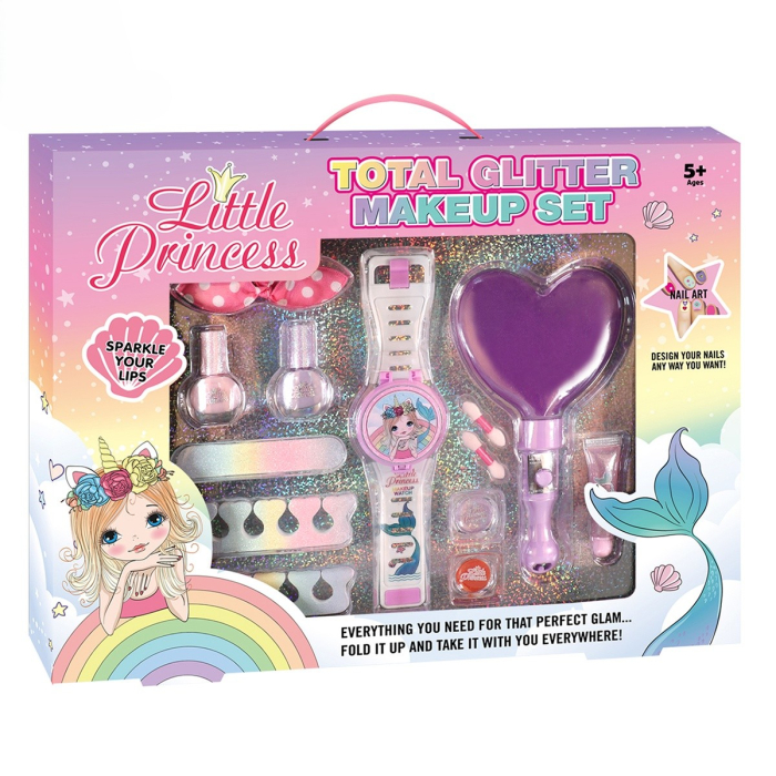 Set Machiaj Copii Little Princess – Total Glitter Makeup, Lacuri, Gloss, Paletă Ascunsă în Ceas, Lampă Heart cu Lumină, 5+ [1]