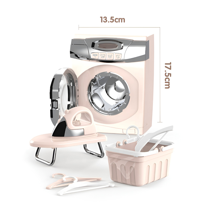 Set Mașină de Spălat Jucărie cu Sunete & Rotire – Mini Iron, Coș de Rufe și Accesorii | Jucărie de Rol pentru Fetițe [2]