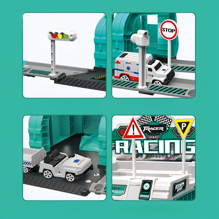 Set Pompieri & Ambulanță cu Piste și Vehicule Metalice – Stație de Salvare cu Semne de Circulație, Echipamente și Elicopter [3]