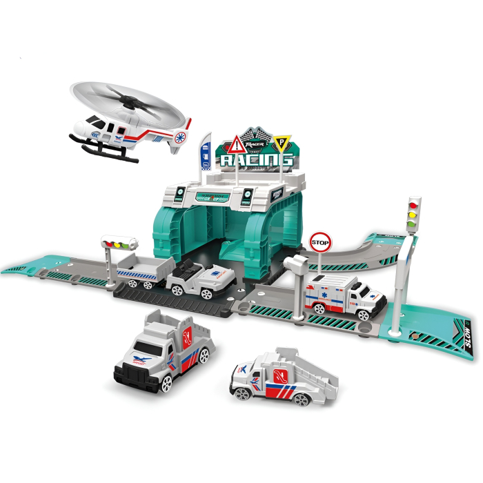 Set Pompieri & Ambulanță cu Piste și Vehicule Metalice – Stație de Salvare cu Semne de Circulație, Echipamente și Elicopter [1]