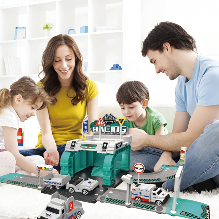 Set Pompieri & Ambulanță cu Piste și Vehicule Metalice – Stație de Salvare cu Semne de Circulație, Echipamente și Elicopter [2]