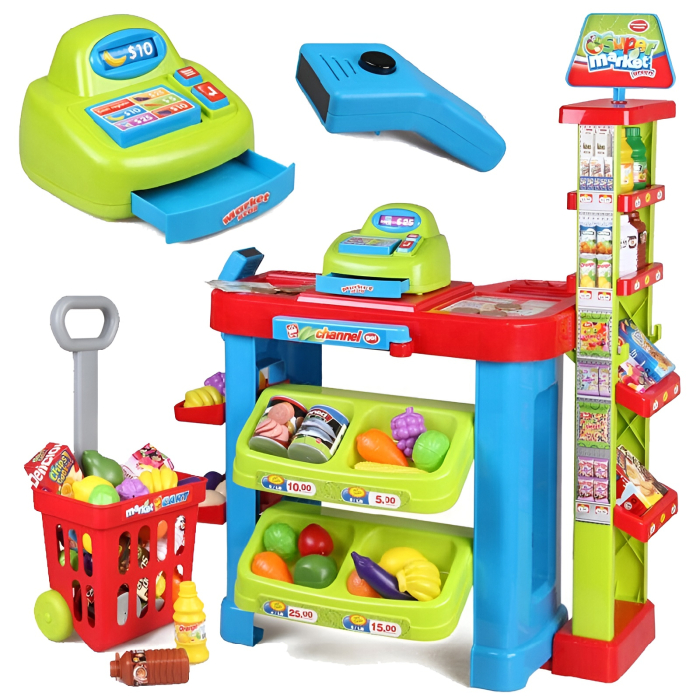 Set Supermarket Copii Smart Market – 80 cm, Casă de Marcat, Coș, Legume & Fructe, 60+ Piese [1]
