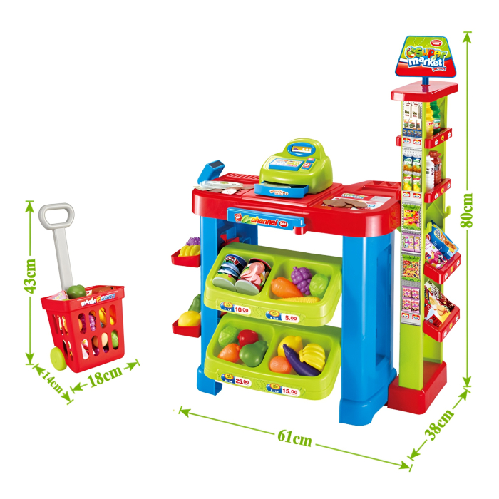 Set Supermarket Copii Smart Market – 80 cm, Casă de Marcat, Coș, Legume & Fructe, 60+ Piese [6]