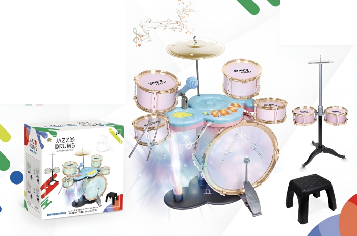 Set Tobă Copii Jazz Drums – 5 Tobe + Cinele + Pedală + Scaun, 63 cm, Roz, Microfon Inclus [1]