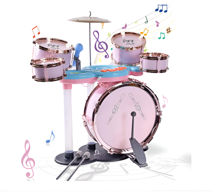 Set Tobă Copii Jazz Drums – 5 Tobe + Cinele + Pedală + Scaun, 63 cm, Roz, Microfon Inclus [2]