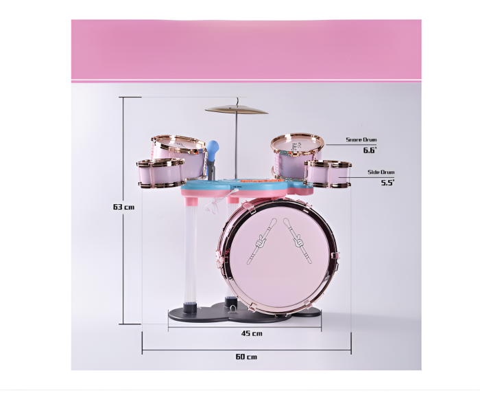 Set Tobă Copii Jazz Drums – 5 Tobe + Cinele + Pedală + Scaun, 63 cm, Roz, Microfon Inclus [3]