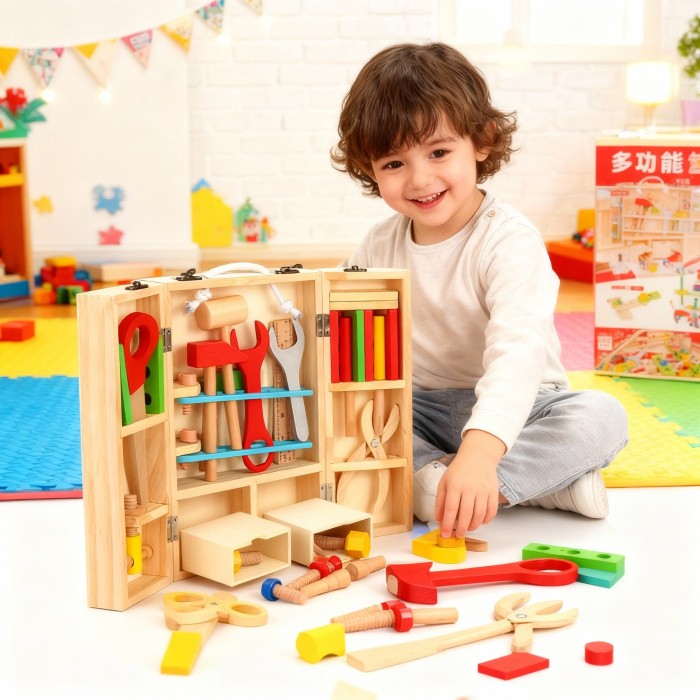 Set Unelte din Lemn pentru Copii în Valiză – Joc Educativ Montessori, Trusă cu Ciocan, Chei, Șurubelnițe și Piese de Asamblat, 3+ Ani [1]