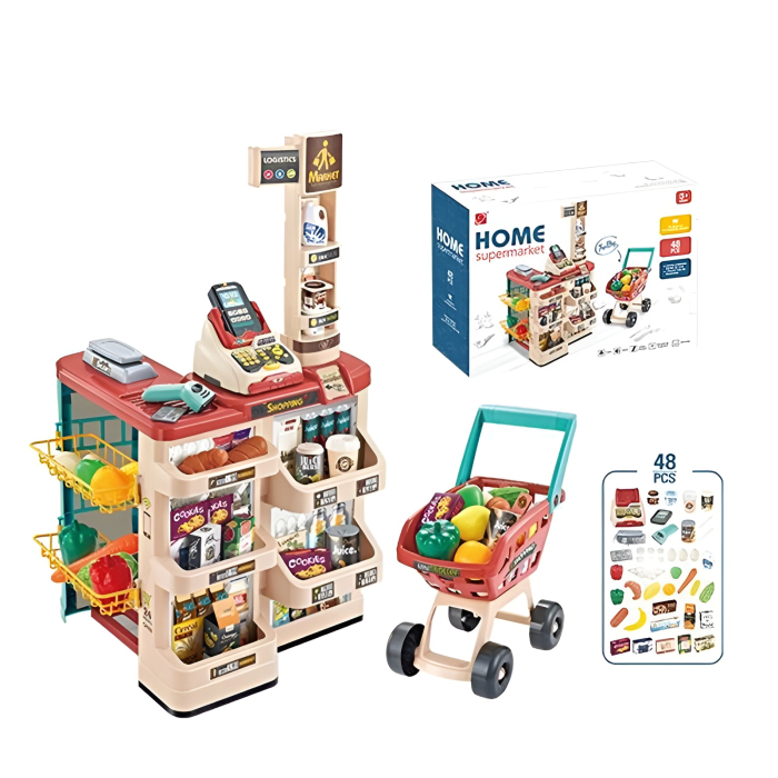 Supermarket de Jucărie cu 48 de Piese, Casă de Marcat, Scanner, Rafturi și Coș de Cumpărături – Magazin Interactiv pentru Copii [8]