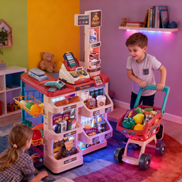 Supermarket de Jucărie cu 48 de Piese, Casă de Marcat, Scanner, Rafturi și Coș de Cumpărături – Magazin Interactiv pentru Copii [1]