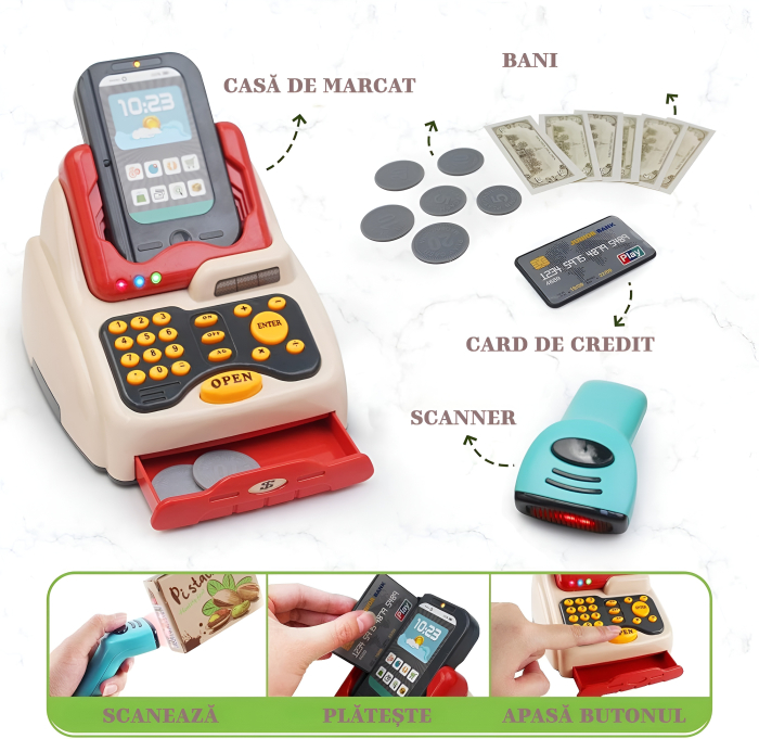 Supermarket de Jucărie cu 48 de Piese, Casă de Marcat, Scanner, Rafturi și Coș de Cumpărături – Magazin Interactiv pentru Copii [3]