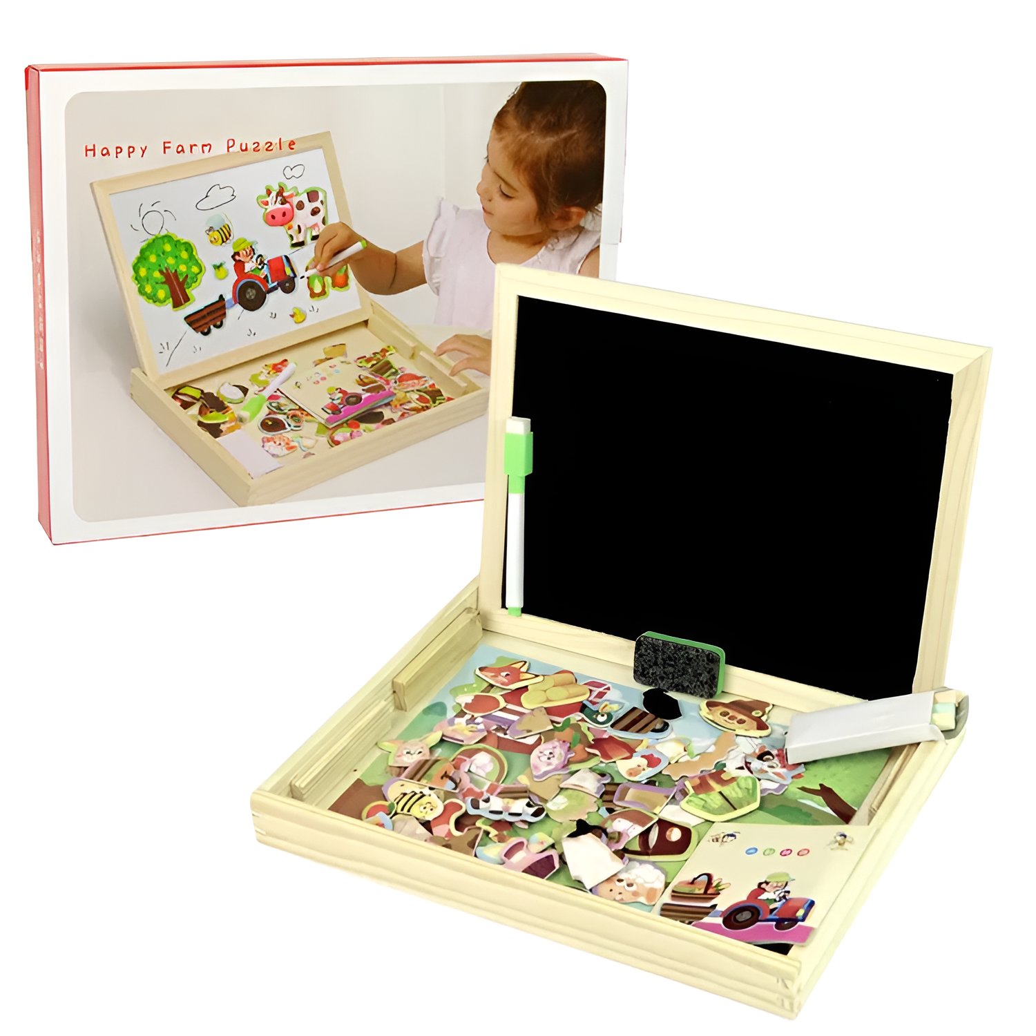 Tabla educativă 3 in 1 din lemn, magnetică și pentru creta, natural/multicolor, 30x23x3cm [6]