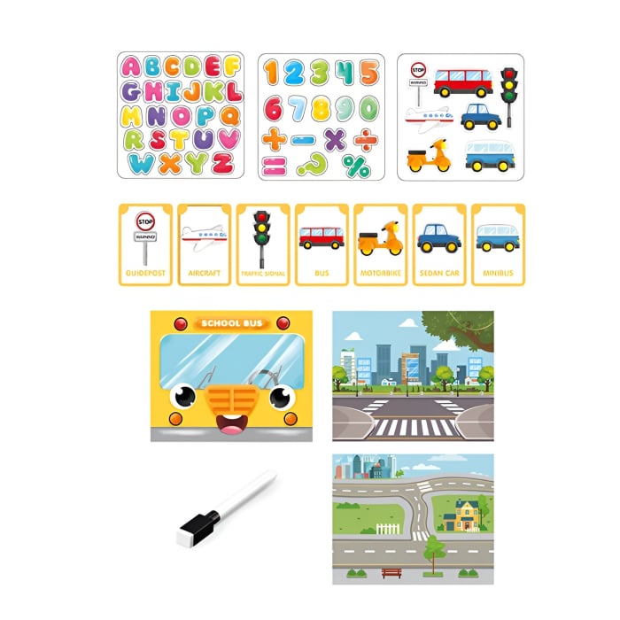 Tablă educativă 3 în 1 „My First Drawing Board” tip autobuz școlar – magneti, tablă albă pentru scris, joc educativ interactiv pentru copii, 17 accesorii incluse [2]