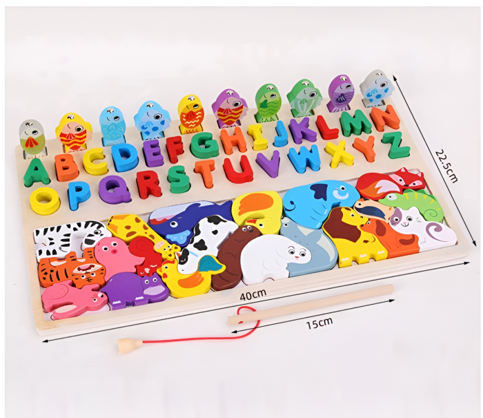 Tabla educativa multifunctională Montessori, puzzle pescuit magnetic, alfabet, tetris cu animaluțe, lemn, 3 in 1 [4]