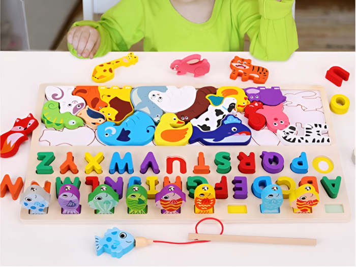 Tabla educativa multifunctională Montessori, puzzle pescuit magnetic, alfabet, tetris cu animaluțe, lemn, 3 in 1 [1]