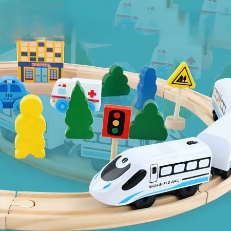 Set Trenuleț din Lemn 26 Piese – Șină Rotundă, Tren High-Speed, Mașinuțe, Semne Rutiere & Figurine – Montessori Transport [4]