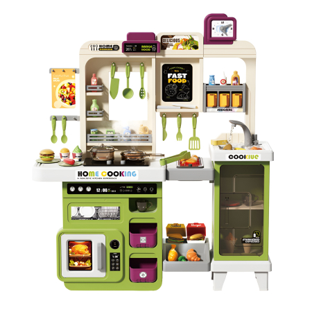 Educative si montessori - Bucătărie de jucărie mare pentru copii cu apă, cuptor și frigider – Home Cooking verde, 100 cm, accesorii incluse