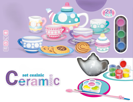 Set creativ de pictat ceainic și cești din ceramică – 21 piese, culori și pensulă incluse, jucărie DIY educativă pentru copii, dezvoltă imaginația și creativitatea, 3+ ani [1]