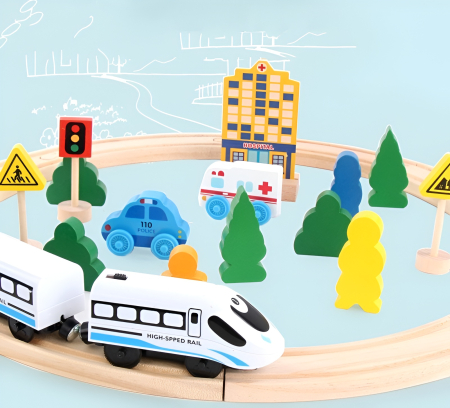 Set Trenuleț din Lemn 26 Piese – Șină Rotundă, Tren High-Speed, Mașinuțe, Semne Rutiere & Figurine – Montessori Transport [3]