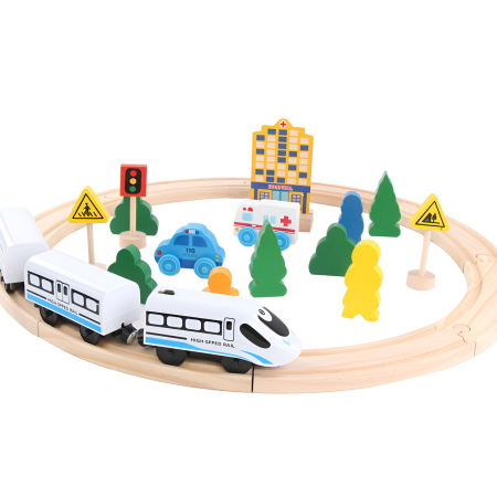 Set Trenuleț din Lemn 26 Piese – Șină Rotundă, Tren High-Speed, Mașinuțe, Semne Rutiere & Figurine – Montessori Transport [2]