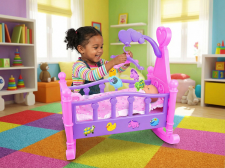 Set Sweet Baby: Pătuț Legănat 53 cm + Păpușă 30 cm, Jucărie pentru Copii, Cu Mobilă și Accesorii – Sweet Doll Playset