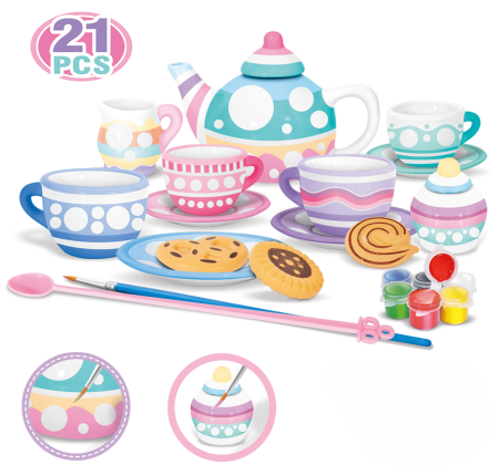 Set creativ de pictat ceainic și cești din ceramică – 21 piese, culori și pensulă incluse, jucărie DIY educativă pentru copii, dezvoltă imaginația și creativitatea, 3+ ani [2]