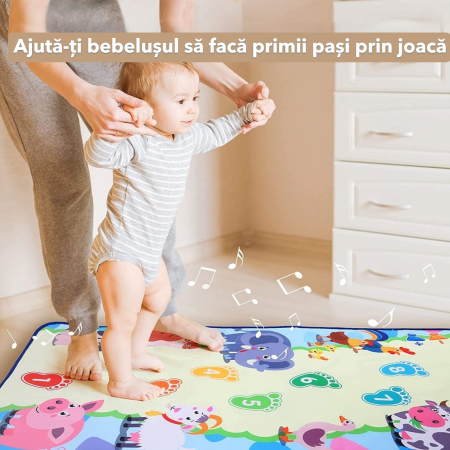 Jucarii bebelusi - Covoraș Muzical Interactiv pentru Copii – Cu 9 Animale, 10 Pași și 9 Cântecele, Sunete Educative, Antialunecare, 158x70 cm, Happy World