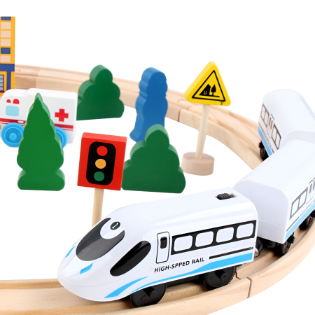 Masinute si piste - Set Trenuleț din Lemn 26 Piese – Șină Rotundă, Tren High-Speed, Mașinuțe, Semne Rutiere & Figurine – Montessori Transport