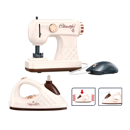 Papusi si accesorii - Set mașină de cusut + fier de călcat de jucărie pentru copii – electrocasnice interactive pentru joc de rol educativ 3+ ani