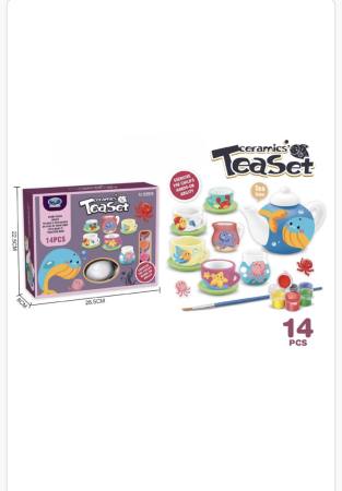 Educative si montessori - Set de ceai ceramic pentru copii – Kit creativ de pictat cu acuarele, 14 piese, 3+ ani