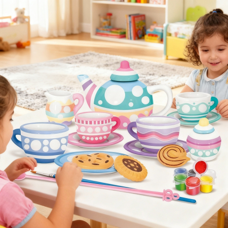 Noutati - Set creativ de pictat ceainic și cești din ceramică – 21 piese, culori și pensulă incluse, jucărie DIY educativă pentru copii, dezvoltă imaginația și creativitatea, 3+ ani