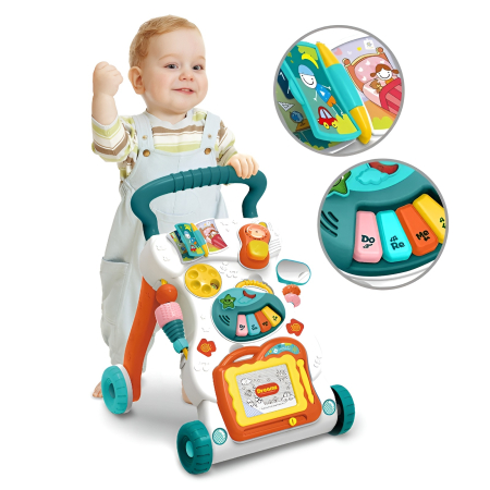 Educative si montessori - Antepremergător Muzical 2 în 1 – Music Walker, Lumini, Sunete, Pian și Panou Activități, 6+ luni