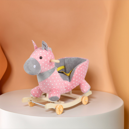 Cele mai dorite - Balansoar 2 în 1 Căluț Roz din Pluș – Cu Roți, Scaun Confortabil și Centură de Siguranță, Pentru Copii 1–3 Ani