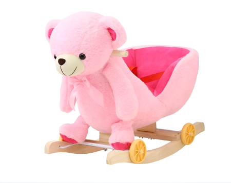Balansoare si birouri - Balansoar Ursuleț Roz din Pluș cu Roți și Centură – 2 în 1, Stabil și Confortabil pentru Copii