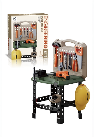 Lego si constructii - Banc de lucru pentru copii cu scule și accesorii – set atelier mecanic educativ cu bormașină, unelte și cască de protecție, joc de construcție STEM 3+ ani